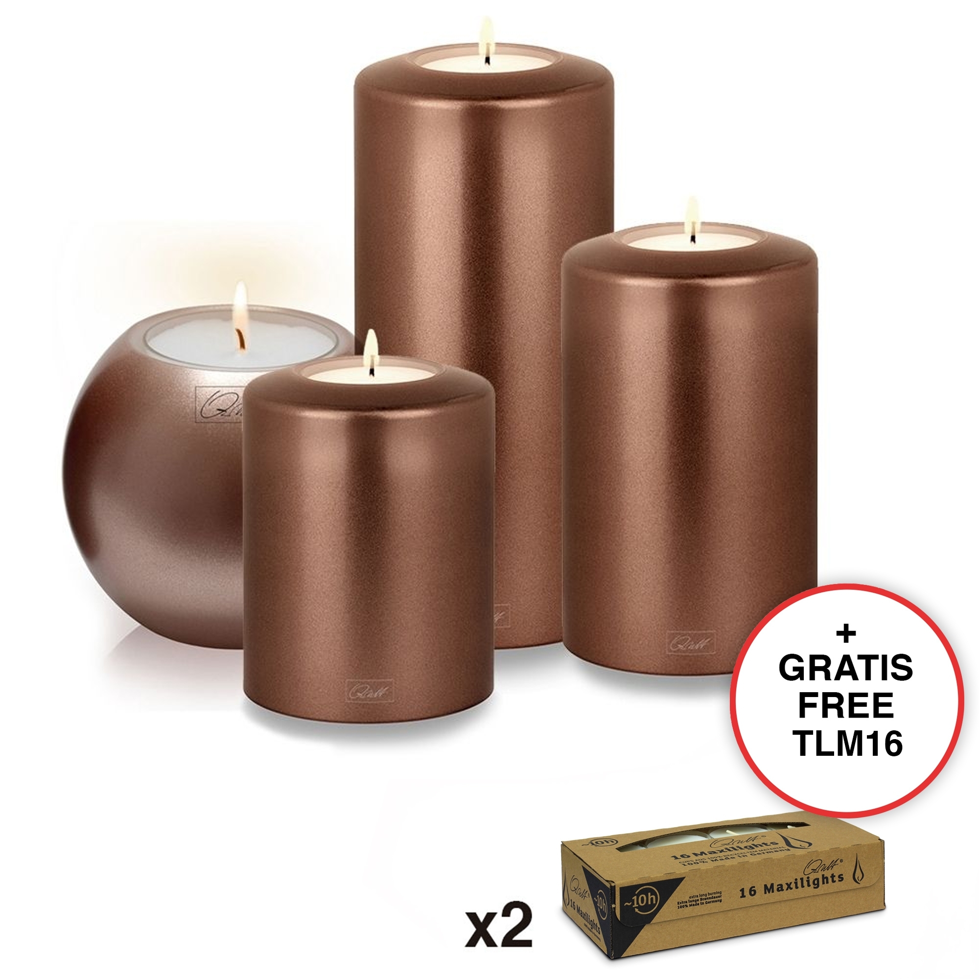 Qult Farluce Classic Metallic - Teelichthalter in Kerzenform - Ø 10 H  12/15/21 + Farluce Moon Ø 10 cm, Bronze - 4er Set